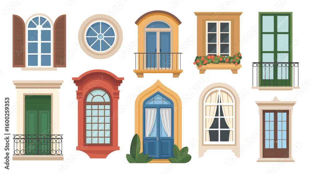 Obraz premium Set of Window Frames Concept. Collection of Different Styles and Designs for Architecture, Home Decor, and Interior Design. Vector Illustration for Creative and Construction Projects.