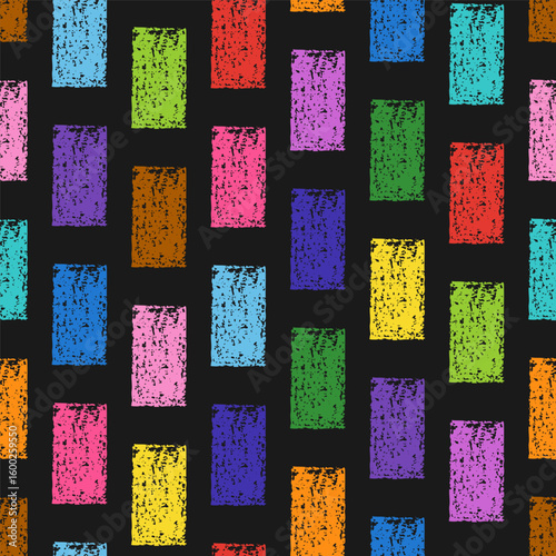 Bright Creative Abstract Seamless Pattern of Hand-Drawn Rectangles on Dark Backdrop. Style of Children's Drawing.