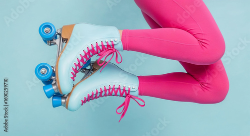 Woman wearing pink leggings and light blue roller skates jumping on light blue background