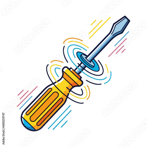 Cartoon screwdriver with a movement effect as if it were being turned. Colored cartoon with line art and white background. AI generated image.