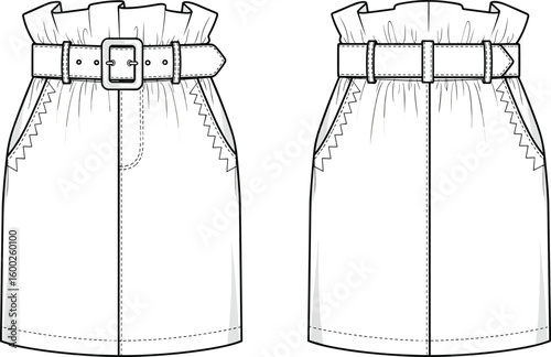 paperbag waist belted skirt flat cad drawing vector illustration front and back view with zigzag pockets fashion template