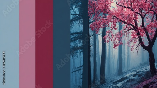 Misty forest pink tree landscape
