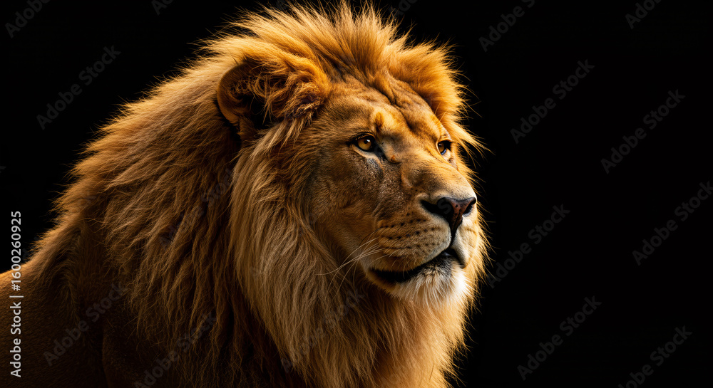 Obraz premium A majestic portrait of a noble male lion with a golden mane, isolated on a black background. A powerful symbol of leadership, strength, and courage, with ample copy space for text.