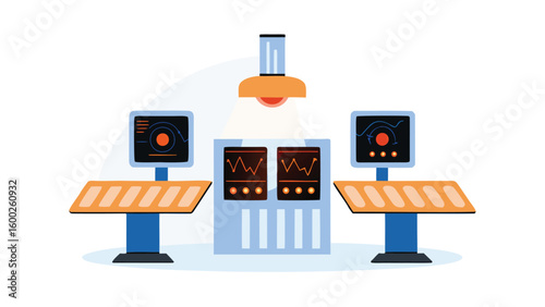 Illustration of a laboratory setup with monitors and central control unit under a light source