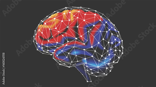A digital illustration of a colorful polygonal brain with a neural network overlay