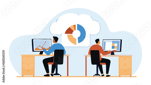 Two men working at desks with computer monitors displaying data and cloud data visualization