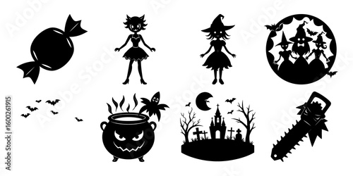 Set of halloween silhouettes black icon Vector illustration. Isolated on white background.