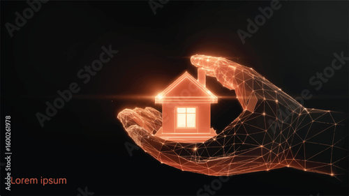 A digital illustration of a glowing orange cyber hand holding a house. Futuristic real estate technology concept.
