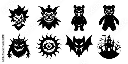 Set of halloween silhouettes black icon Vector illustration. Isolated on white background.