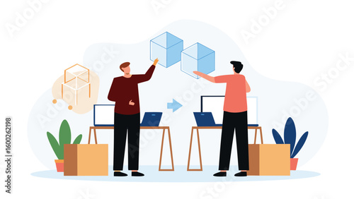 Two men exchanging cubes with laptops, plants, and boxes in a modern office setting illustration