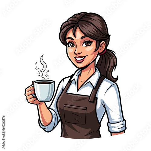 Barista vector. Colored cartoon with line art and white background. AI generated image.
