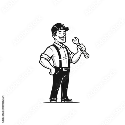 Vintage Handy Man Logo, Character With Wrench, Clean Line Art, Black and White