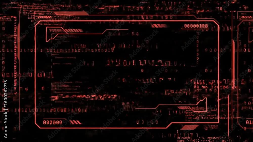 Red digital interface with data streams and a central rectangular display.