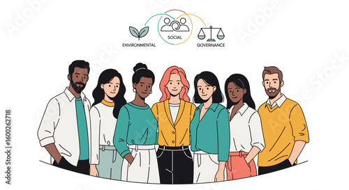 Illustrative representation of a diverse team standing together, with an ESG (Environmental, Social, Governance) diagram above, emphasizing corporate sustainability.