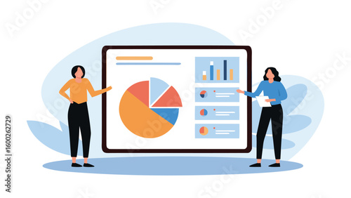 Two women presenting business data on a large screen with pie charts and bar graphs displayed clearly