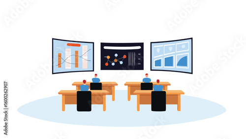 Illustration of a data analysis room with people at desks and data displayed on screens at front