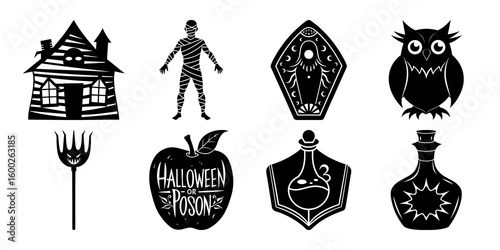 Set of halloween silhouettes black icon Vector illustration. Isolated on white background.