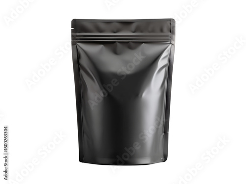 A black glossy standup pouch with a zip lock closure is presented against a clean transparent background ready for product branding