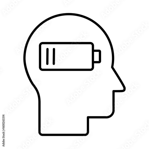 Burnout line icon. Head with low battery. Tired man. Exhausted, empty, fatigue concept. Low energy mind. Need for rest and recovery. Vector illustration.  