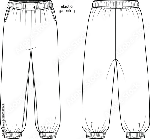 Sweatpants flat sketch front and back view, elastic waistband, cuffed hem, comfortable fit, fashion cad, vector outline drawing