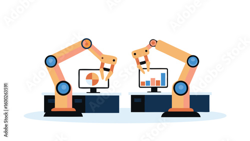 Two robotic arms analyzing data on computer screens with pie chart and bar graph displays shown here