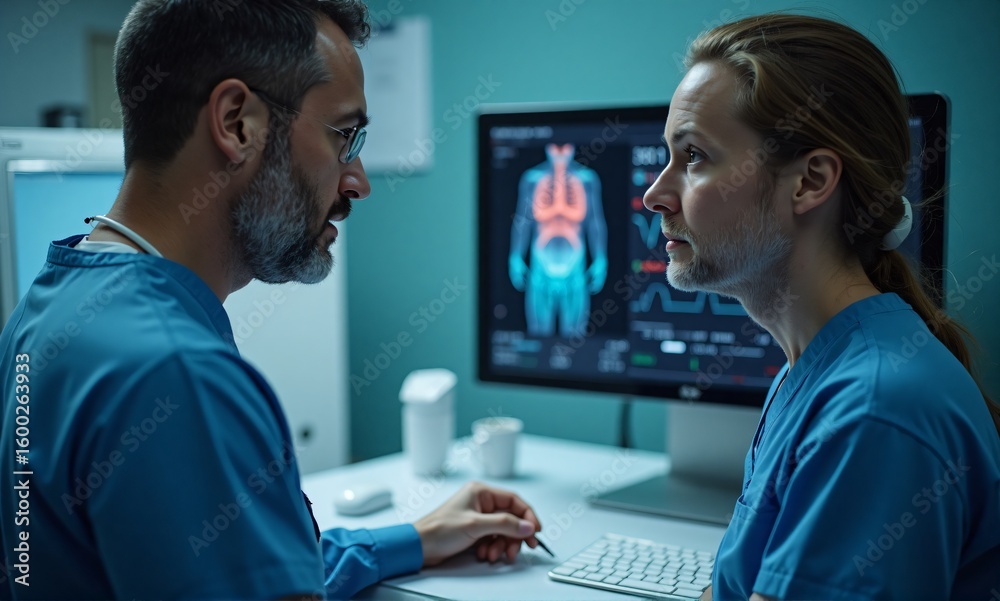 Obraz premium Two medical professionals in scrubs review a digital scan of a human torso on a computer monitor. They appear serious and focused on the diagnostic image.