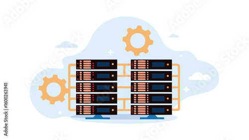 Illustration of two server racks connected with gears and cloud background in flat design style