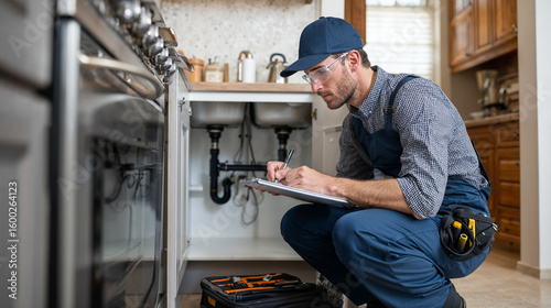 Plumber inspecting pipes under kitchen sink writing on clipboard
