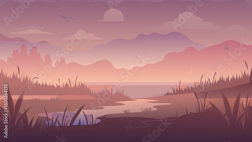 Abstract landscape illustration with sunset and mountains in a serene and calm setting