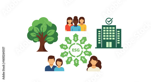 ESG concept illustrated with icons representing environmental, social, and governance factors for corporate responsibility and sustainability.