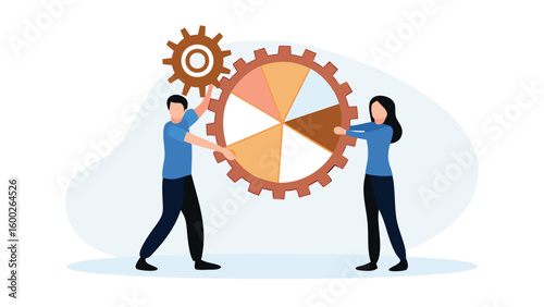 People holding a large gear with colored segments and a smaller gear above it on a white background