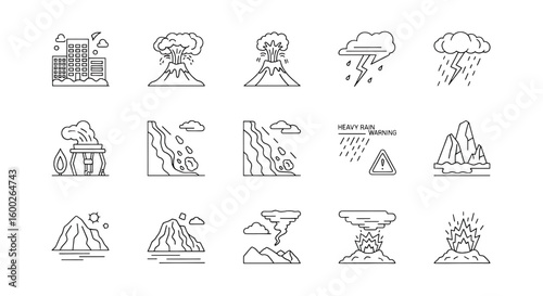 Natural disaster icons depicting weather and geological events volcano landslide