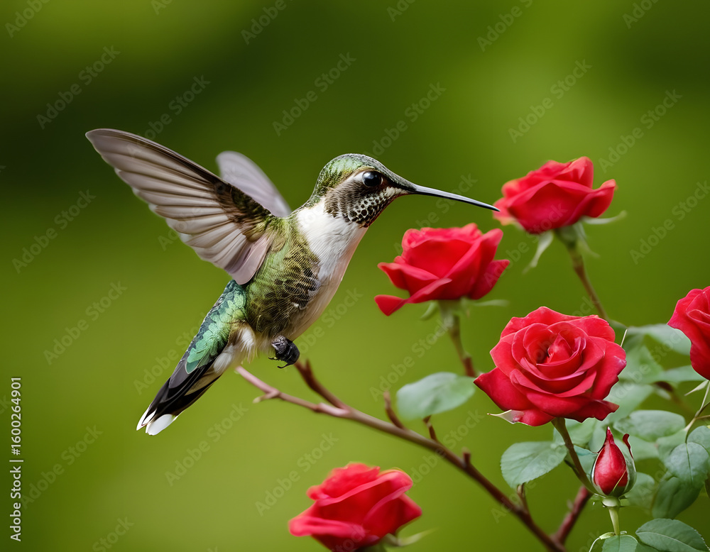 Fototapeta premium A beautiful hummingbird is sitting on a branch of the red roses in the green garden. hummingbird on flower.