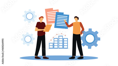 Two people standing with documents and gears showing a graph and business development plan here now