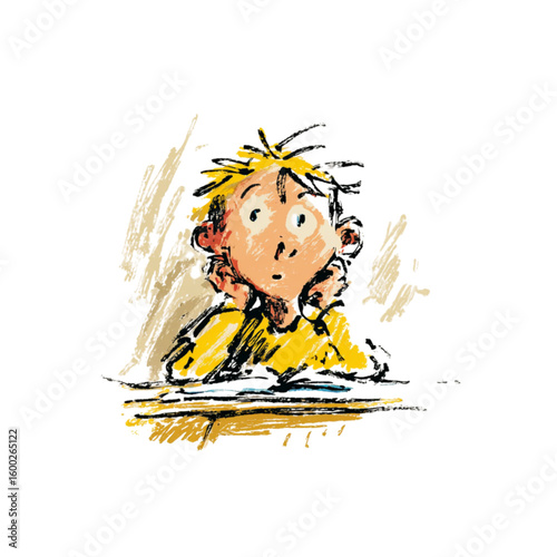 Curious young boy thinking with chin in hands in bright colors. Children's drawing  