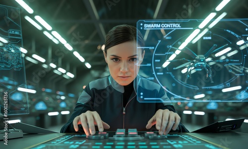 Woman controlling swarm of drones with advanced technology interface