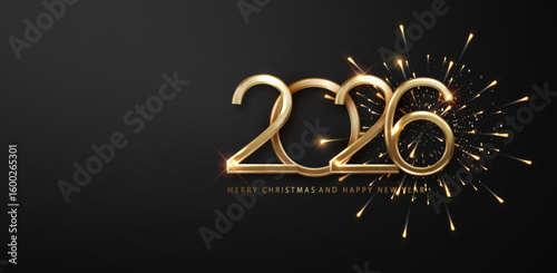 2026 New Year golden fireworks luxury background. Festive Christmas Holiday Greeting Card Design.