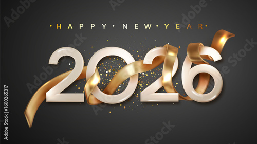 2026 New Year with golden ribbon. New Year and Christmas banner for holiday.