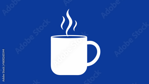 Simple white coffee mug silhouette with steam on a dark blue background