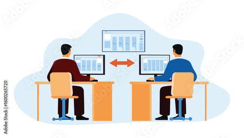 Two people working at desks with computers and a shared screen in a light blue background area