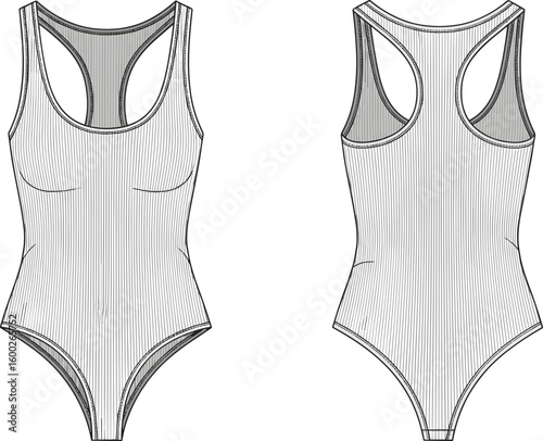 Women's bodysuit front and back view, ribbed texture, fashion cad sketch, technical drawing, apparel template, flat vector illustration