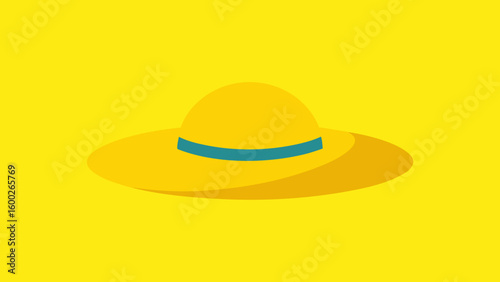 A brightly colored yellow sun hat with teal band in a monochromatic design