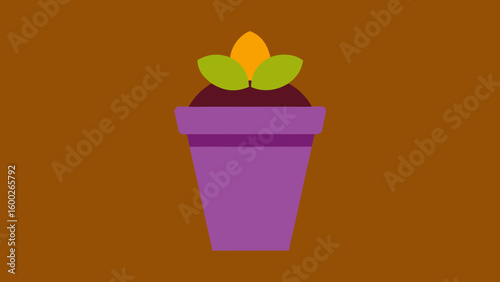 A simple purple flower pot with emerging leaves on a garden soil themed illustration