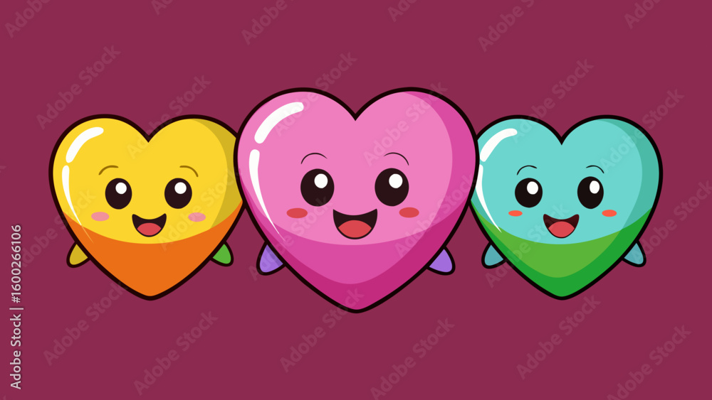 Obraz premium Cheerful smiley multicolor candy hearts character cartoon in pink background. 