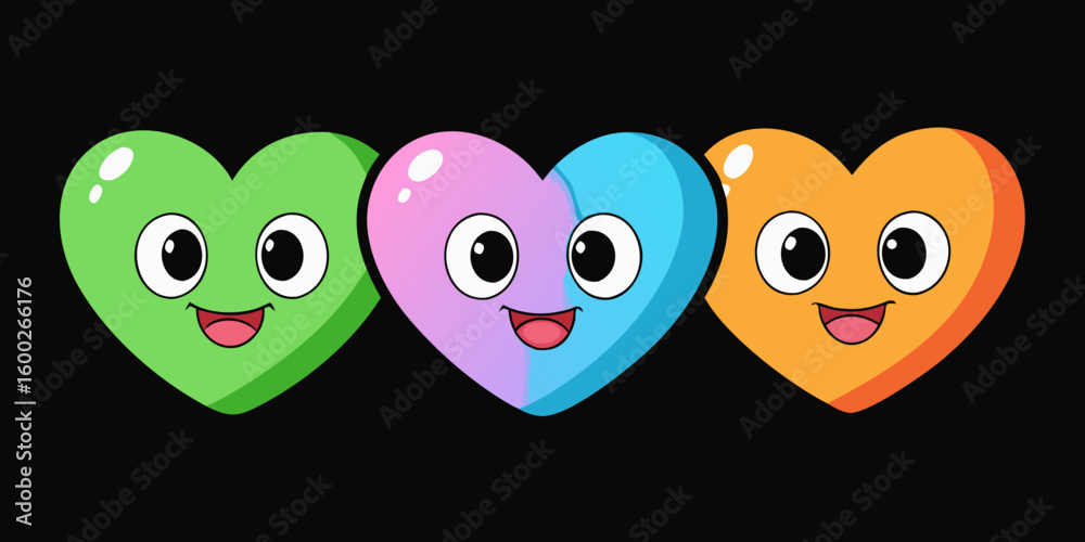 Obraz premium Cheerful smiley multicolor candy hearts character cartoon in black background. 