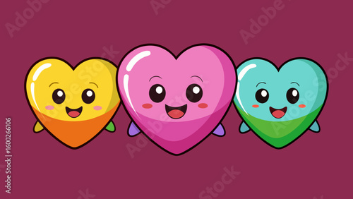 Cheerful smiley multicolor candy hearts character cartoon in pink background.

