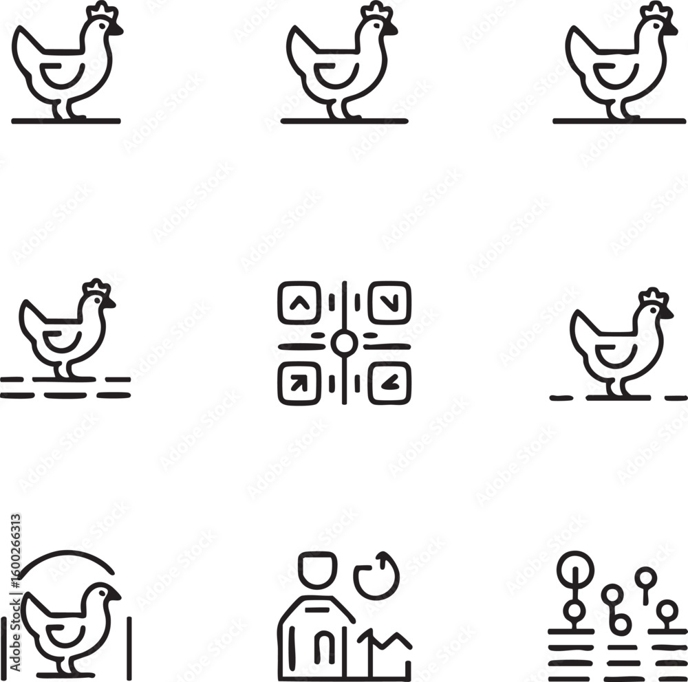 Fototapeta premium Chicken farm vector icon set outline style,editable stroke poultry,qr code,farm worker,crop field,agriculture,livestock,rooster,hen,farming icon set