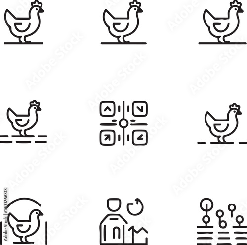 Chicken farm vector icon set outline style,editable stroke poultry,qr code,farm worker,crop field,agriculture,livestock,rooster,hen,farming icon set