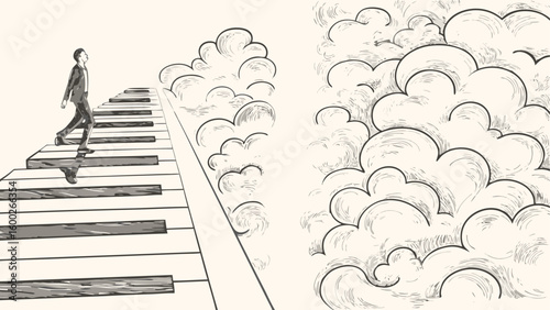 A man walks on a piano keyboard leading to a path surrounded by clouds in a surreal illustration silhouette