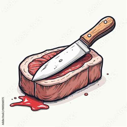 Realistic illustration of a cut piece of meat with a knife resting on it, showcasing blood and texture